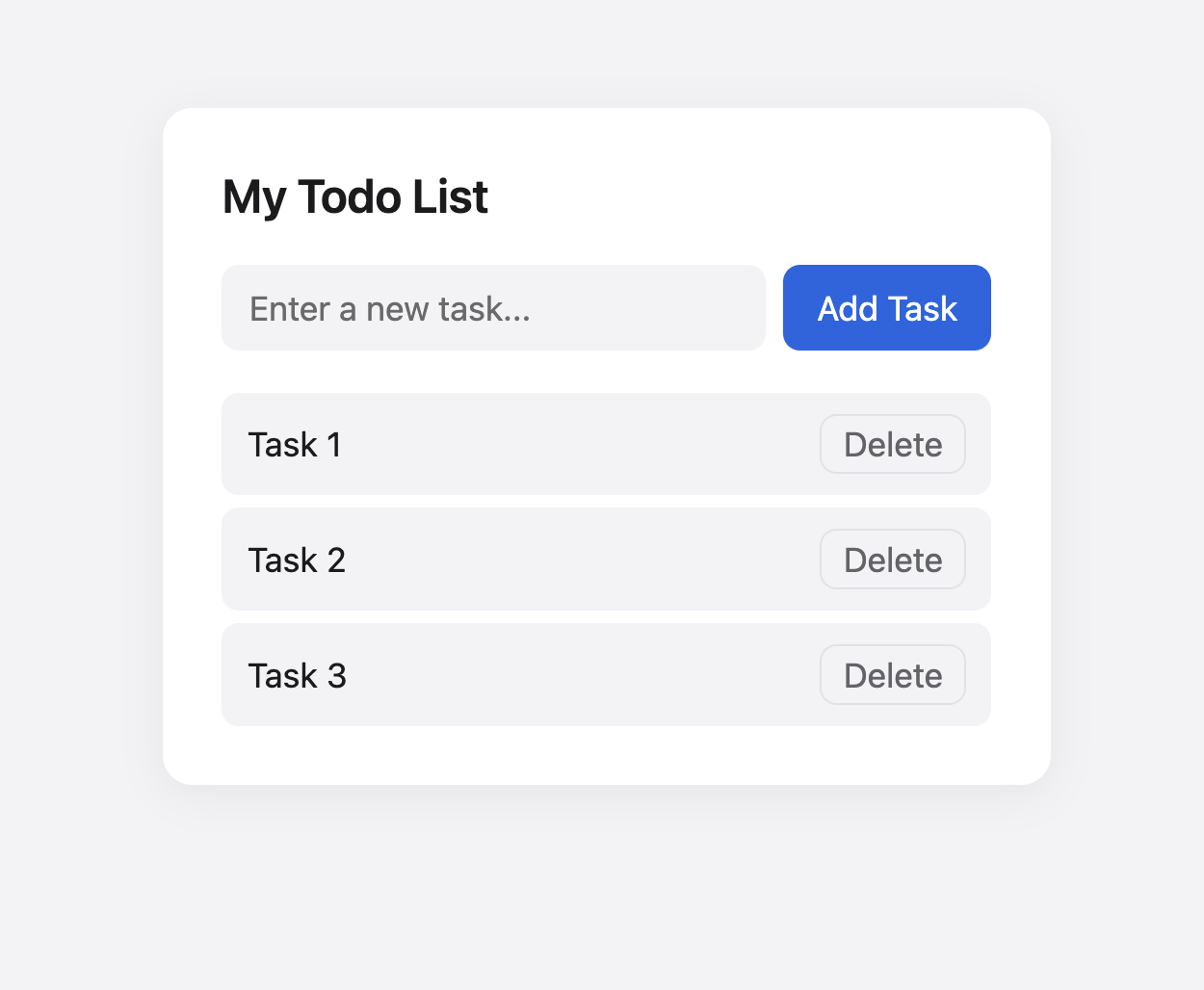 A simple React todo list with a text input, an add button, and a few list items.